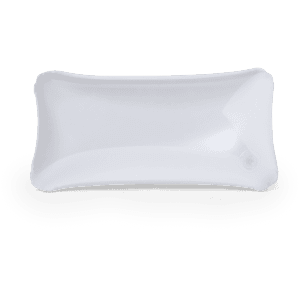 A white, inflatable pillow with a sleek design and a small branding logo.