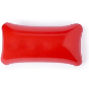 A red rectangular pillow with rounded edges, featuring a smooth surface and a small logo.