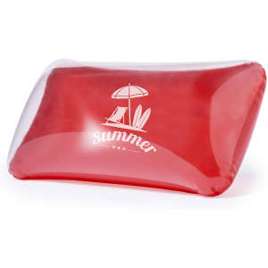 A red inflatable pillow with a transparent cover, featuring a logo and a summer-themed graphic.