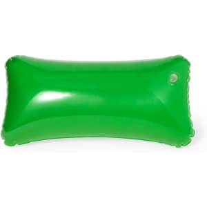 A green inflatable pillow with a smooth surface and rounded edges, featuring a small valve. It has a logo on it.
