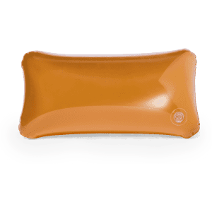 An orange inflatable pillow with a logo, featuring a sleek rectangular design.