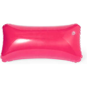 A pink inflatable pillow with a smooth surface and rounded edges, featuring a single air valve.