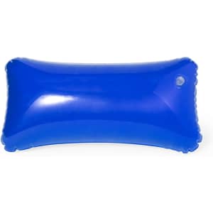 A bright blue inflatable pillow with a rounded rectangular shape and a small valve for air.