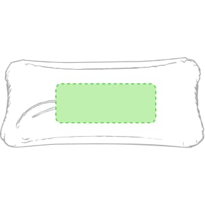 A rectangular pillow with a soft texture, featuring a green accent area and a simple design. It has a logo.