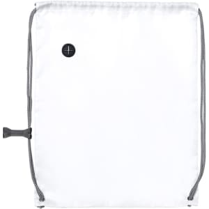 A white drawstring bag with a grey cord and a branded logo. The bag has a simple, minimalistic design.