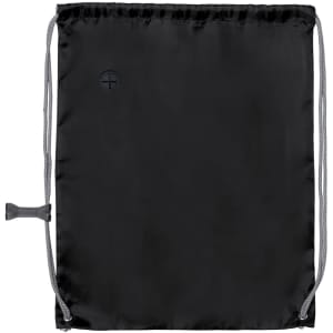 A black drawstring bag with a logo and grey drawstrings. Ideal for carrying items securely.