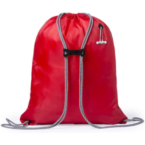 A red drawstring bag with grey straps and a toggle closure, featuring a branding logo.