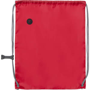 A red drawstring bag features a simple design and a logo on the front, with grey drawstrings for closure.