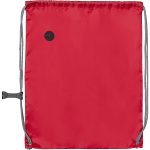 A red drawstring bag with grey cords and a logo in one corner.
