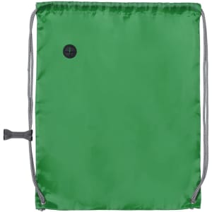 A green drawstring bag with a black logo and adjustable cord.