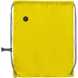 A yellow drawstring bag with a black logo and grey cord drawstrings.