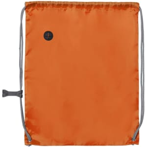 An orange drawstring bag with a grey top cord and a logo feature.