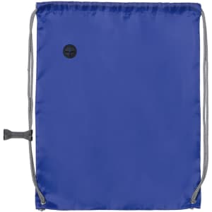 A blue drawstring bag featuring a black button and grey cords for closure, perfect for carrying essentials.
