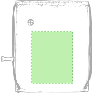 A light grey drawstring bag with a green accent square and a small logo in the corner.