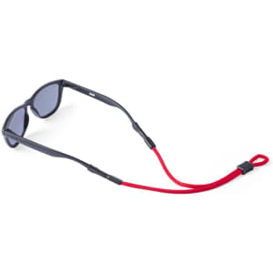 A sunglasses strap in red and black, featuring a logo, designed for leisure and outdoor use.