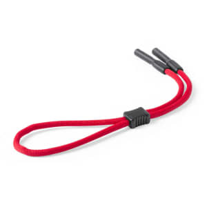 A red glasses strap with adjustable ends and a central clasp, featuring a logo.