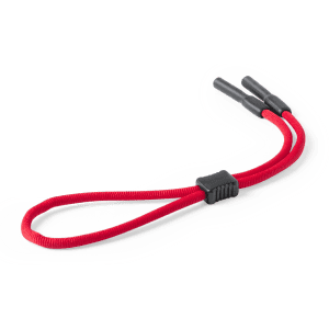 A red glasses strap with black ends, featuring a thick cord and a central adjuster. It has a simple design and a logo.