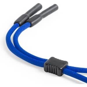A blue glasses strap with two ends and a black connector piece, designed for securing eyewear.
