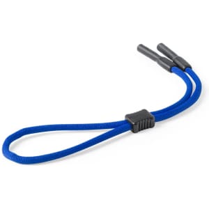 A blue glasses strap with two ends and a central grip, designed for sunglasses. It features a logo.