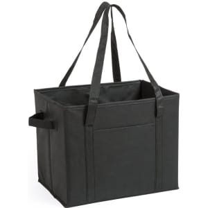 A black organiser bag with dual handles and an open design featuring a side pocket.