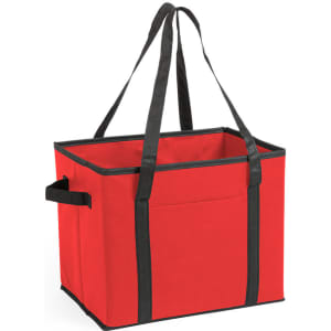 A red organiser bag with black straps, featuring a rectangular shape and an open top for easy access.