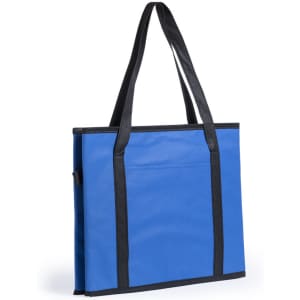 A blue organiser bag with black straps, featuring a simple design and an exterior pocket.