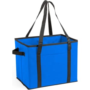 A blue organiser bag with black accents and handles, featuring an open design and an internal pocket.