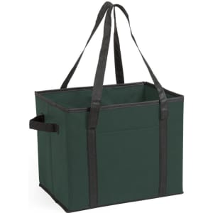 A green organiser bag with black handles, featuring a spacious open design and side pockets.