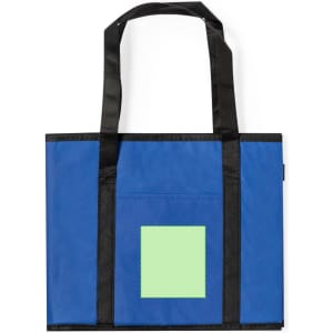 A blue organiser bag with black straps and a front pocket featuring a light green square. Logo present.