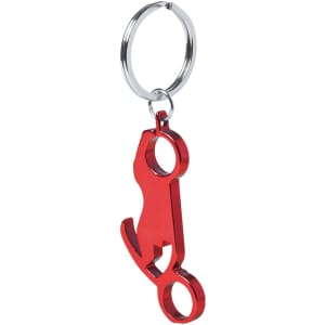 A drink bottle opener keyring in red metal with a sleek design and a keyring attachment.