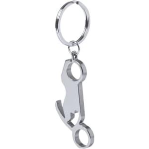 A drink bottle opener keyring in silver with a sleek design and a keyring attachment.