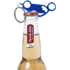 A drink bottle opener keyring in blue, designed to fit on bottle caps, with a circular keyring attachment.