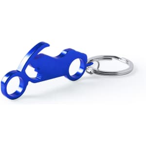A drink bottle opener keyring in a vibrant blue colour, shaped like a car, featuring a metal keyring attachment.