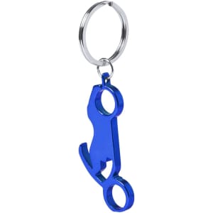 A blue keyring bottle opener with a sleek, modern design and a circular keyring attachment.