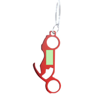 A drink bottle opener keyring in red featuring two circular openings and a small green section. It includes a metal keyring.