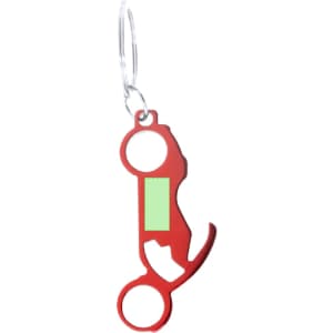 A drink bottle opener keyring in red, featuring a keyring attachment and a small branding area.