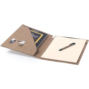 A brown folder with a pen, featuring an inner pocket and a space for a photo or card.