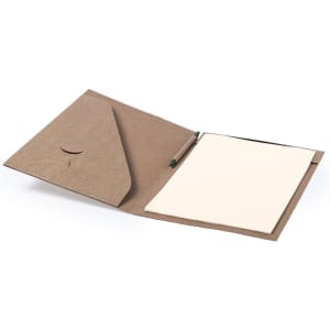 A brown folder with an open pocket and a notepad inside, featuring a pen and a logo.