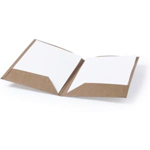 A brown Haborg Folder with two open pockets and blank white inserts. Features branding on the cover.