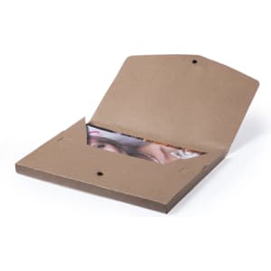 A brown document bag with an open flap, displaying contents inside, including magazines or documents.