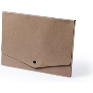A brown document bag with a button closure, featuring a simple, minimalistic design. It has a logo on the front.