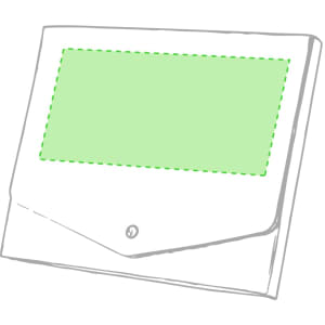 A white document bag with a green transparent panel and a button closure, featuring a logo.