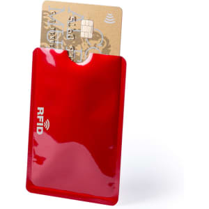 A red RFID card holder with a credit card partially inserted, featuring a sleek glossy finish.