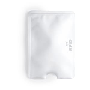 A white Becam Card Holder featuring an RFID protection layer and a simple design. It has a logo on one side.