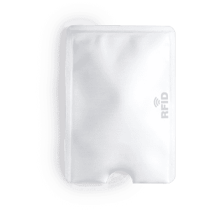 A sleek white Becam Card Holder with an RFID protection feature and a cut-out for easy card access.