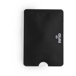 A black RFID card holder with a sleek design, featuring a cut-out for easy access and a branding logo.