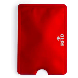 A red RFID card holder featuring a slot for cards and a sleek design. It includes a logo on the surface.