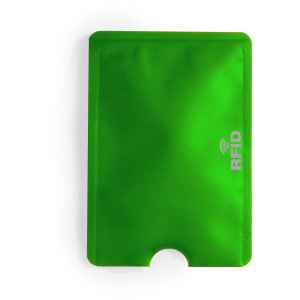 A green RFID card holder with a sleek design and a cut-out for easy access, featuring a logo.