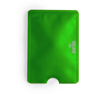 A bright green RFID card holder featuring a smooth finish and a slot for cards. It has a logo on the front.