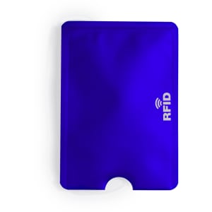 A blue RFID card holder with a cut-out section and a logo on one side.